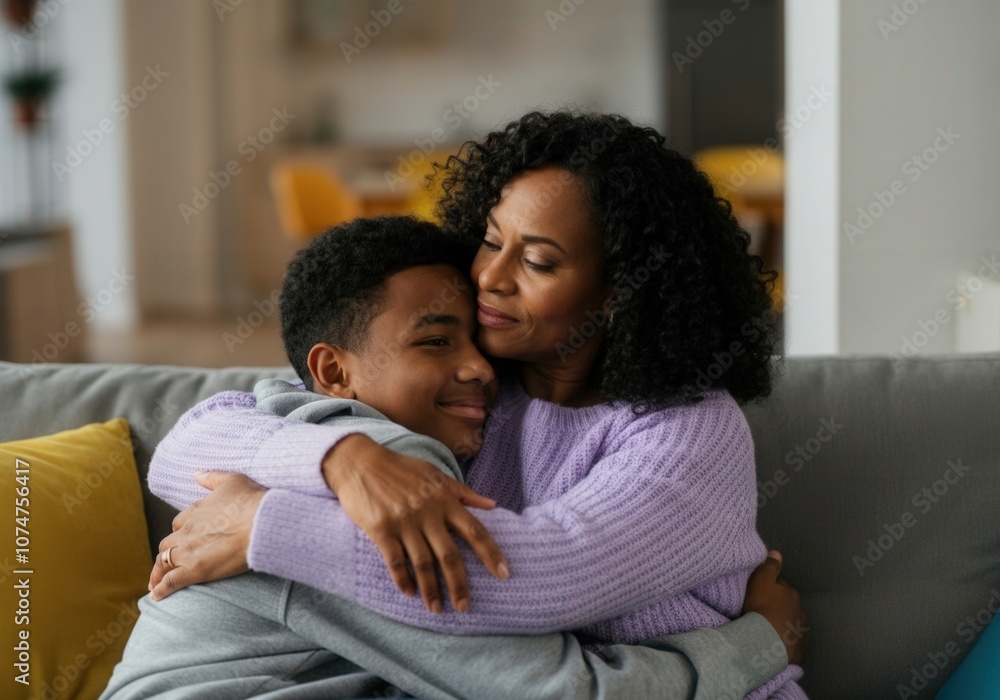 Mother and teenage son hugging with love and affection on the sofa at home Mother and teenage son hugging with love and affection on the sofa at home