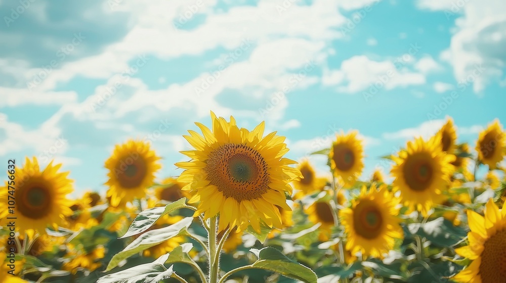 Vibrant Field of Sunflowers Under a Serene Sky with Fluffy Clouds Vibrant Field of Sunflowers Under a Serene Sky with Fluffy Clouds