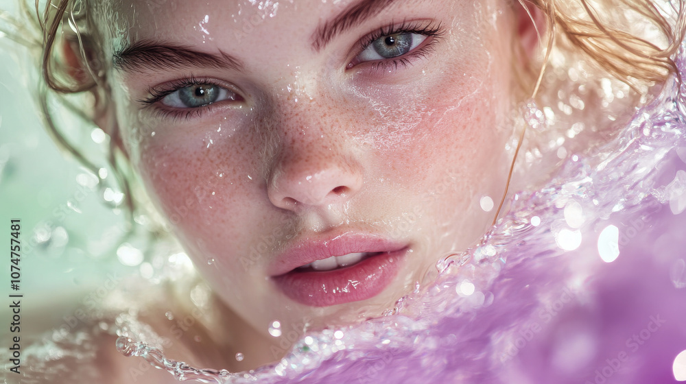 Beautiful young caucasian woman emerging from water showing her pretty face and blonde hair Beautiful young caucasian woman emerging from water showing her pretty face and blonde hair