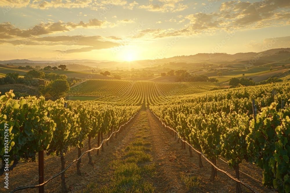 Fototapeta premium Stunning Sunset Over a Sprawling Vineyard in the Countryside