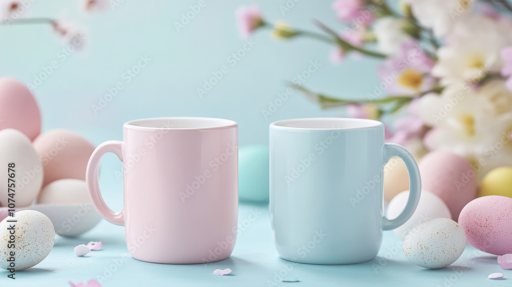 Two mugs with easter holidays decorations around forming a easter holiday background with eggs and pastel colors Two mugs with easter holidays decorations around forming a easter holiday background with eggs and pastel colors