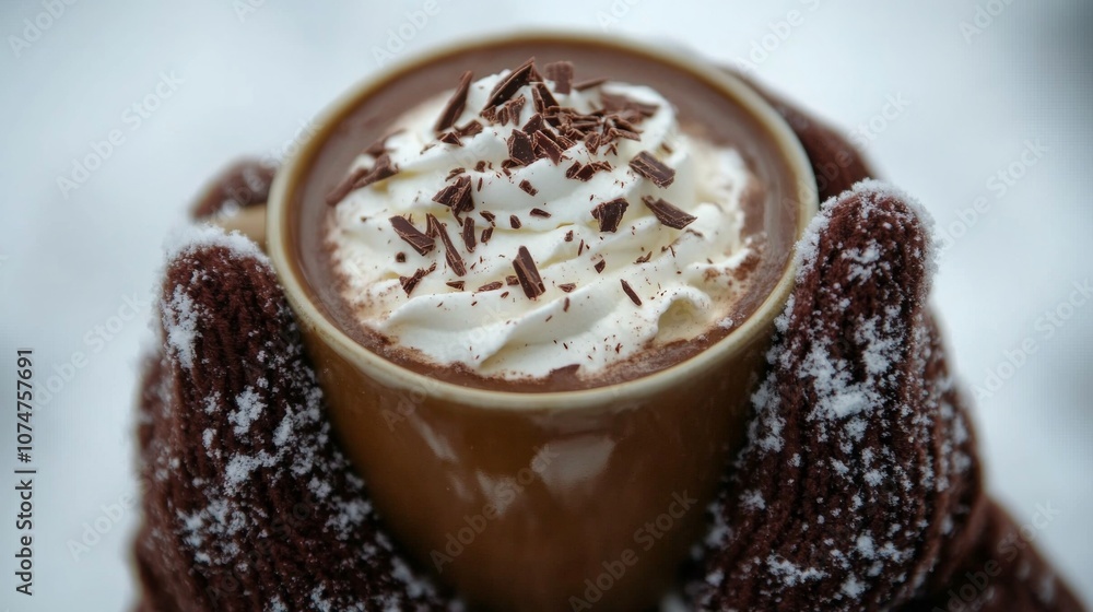 A cup of hot chocolate with whipped cream and chocolate shavings, held in snowy brown gloves. A cup of hot chocolate with whipped cream and chocolate shavings, held in snowy brown gloves.