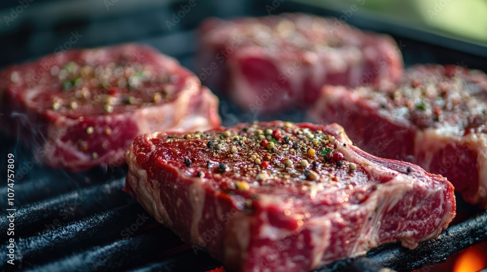 Raw meat cut into steaks on the grill. Raw meat cut into steaks on the grill.