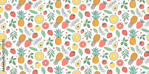 seamless pattern featuring various fruits and leaves.