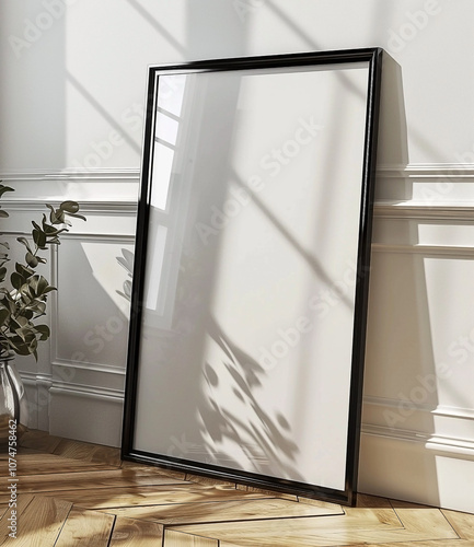 a black framed poster mockup leaning against the wall on wooden floor with window reflections