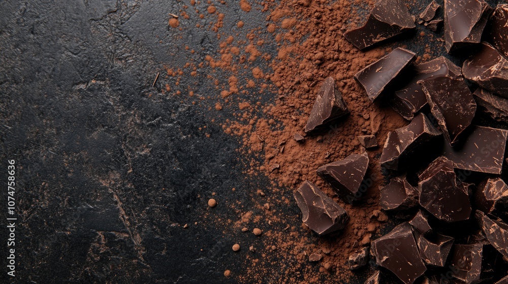 Dark chocolate chunks and cocoa powder on a black background. Dark chocolate chunks and cocoa powder on a black background.