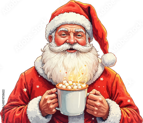 Santa Claus enjoying a warm cup of hot chocolate with marshmallows during the festive season in a cozy, cheerful atmosphere Watercolor vector