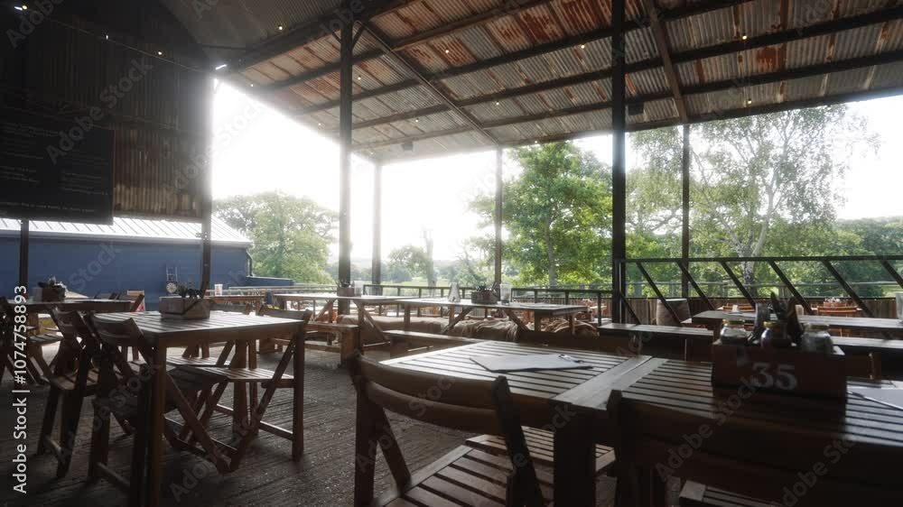 Inside view of a hotel in a forest and a roof made up of metal sheet Inside view of a hotel in a forest and a roof made up of metal sheet