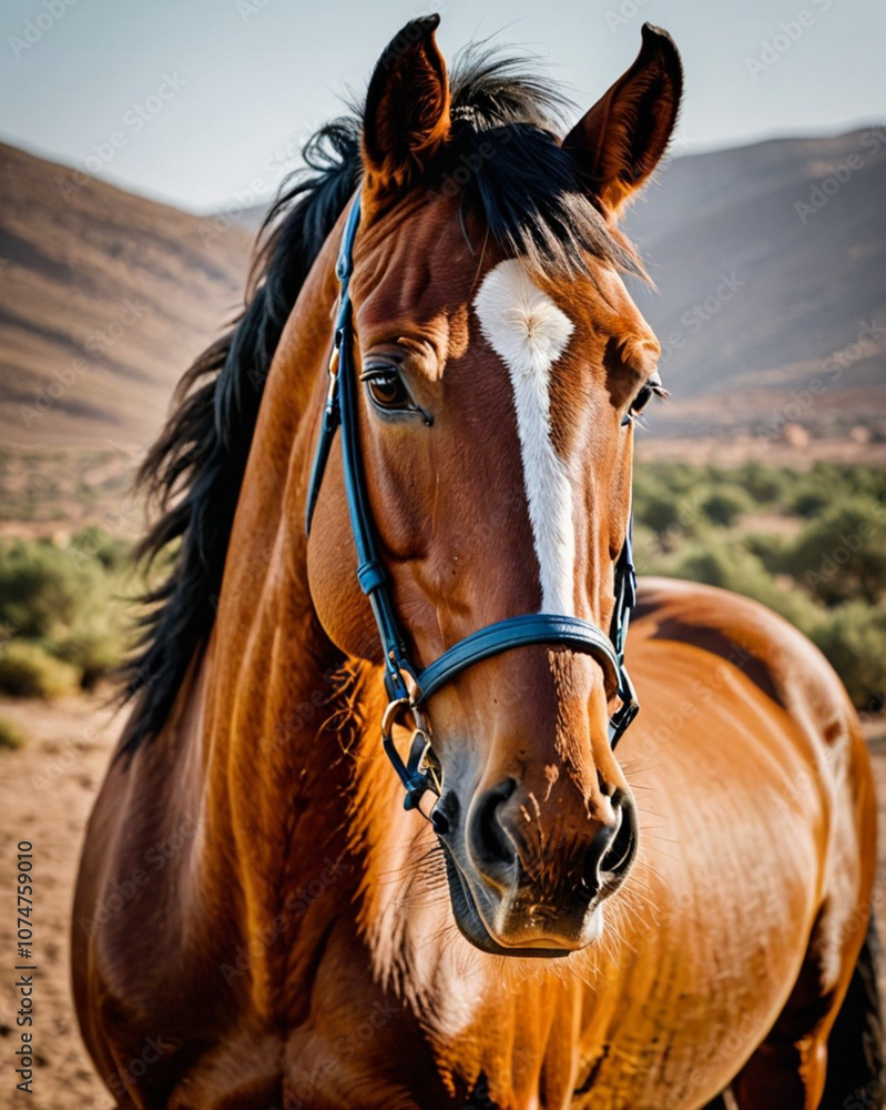 Obraz premium Majestic Brown Horse with White Blaze Wearing a Blue Bridle Standing in a Scenic Desert Landscape with Mountains in the Background, Capturing the Beauty and Strength of Equine Animals in Nature’s Wild