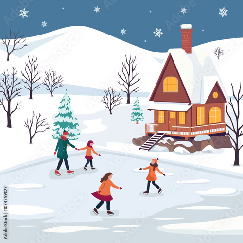 People enjoy skating on a frozen pond next to a cozy winter hut, surrounded by snow-covered hills, bare trees and pine trees under a night sky with falling snowflakes