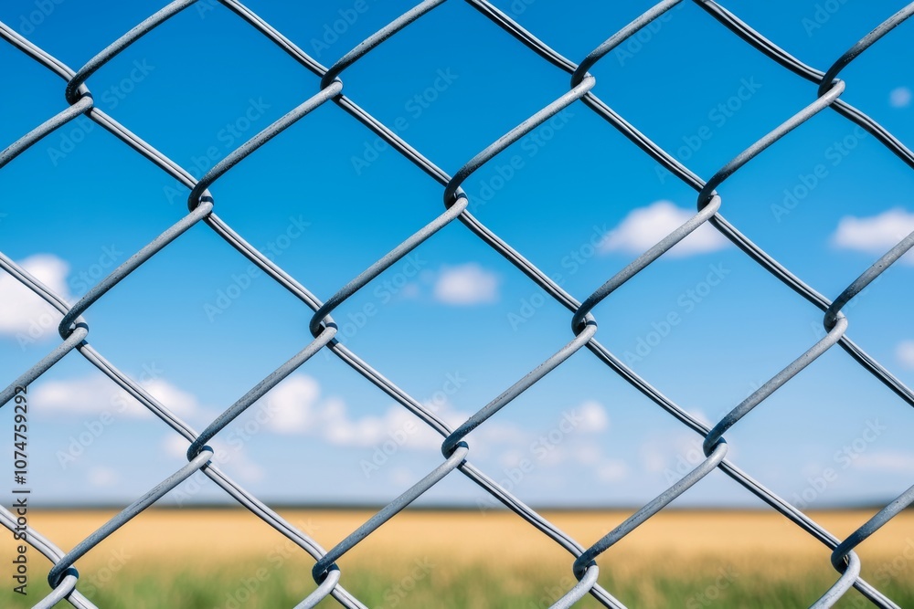 Fototapeta premium An agricultural area with a wire fence strung across golden grasslands under a blue sky. The impact of land division on wildlife migration patterns.