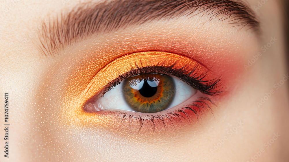 Fototapeta premium Vibrant eye makeup featuring gradient of orange and yellow hues, showcasing stunning blend of colors that enhances natural beauty of eye