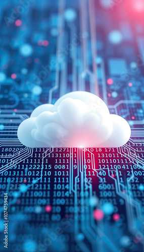 cloud icon over digital data grid with neon lights binary code futuristic cloud computing vertical format