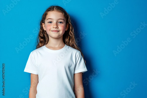 Caucasian girl with brunette hair in a white T-shirt on a blue background. Mockup template for brand, print and advertising. Studio shooting of a cute little model with copyspace