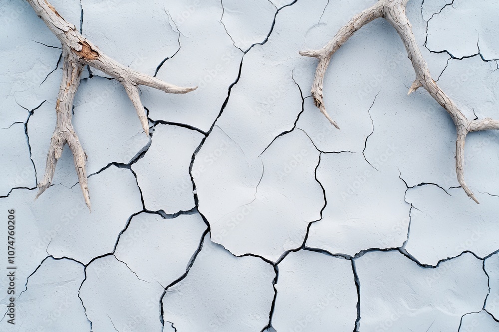 There are many dead trees with exposed roots standing on parched, cracked earth, which illustrates the impact of climate change and drought. There are many dead trees with exposed roots standing on parched, cracked earth, which illustrates the impact of climate change and drought.