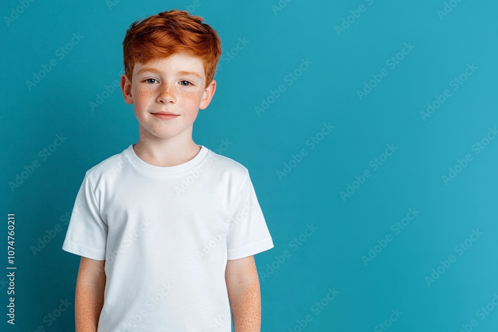 Caucasian boy with ginger hair in white t-shirt on blue background. Mockup template for brand, print and advertising. Studio shooting of cute little model. Caucasian boy with ginger hair in white t-shirt on blue background. Mockup template for brand, print and advertising. Studio shooting of cute little model.