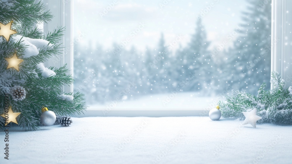 Fototapeta premium A serene winter scene with snow, a decorated tree, and a snowy landscape visible through a window.