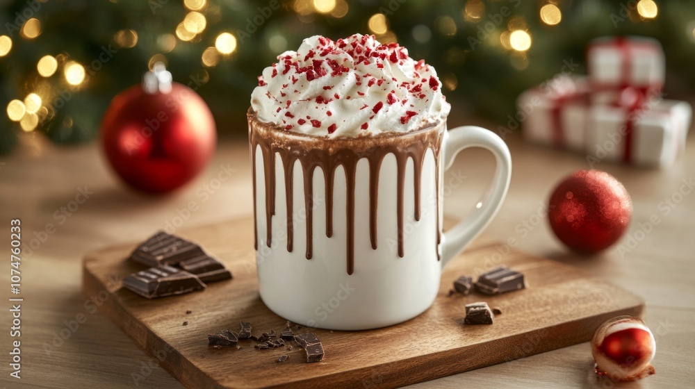 A Mug of Hot Chocolate with Whipped Cream and Chocolate Drizzle on a Wooden Board A Mug of Hot Chocolate with Whipped Cream and Chocolate Drizzle on a Wooden Board