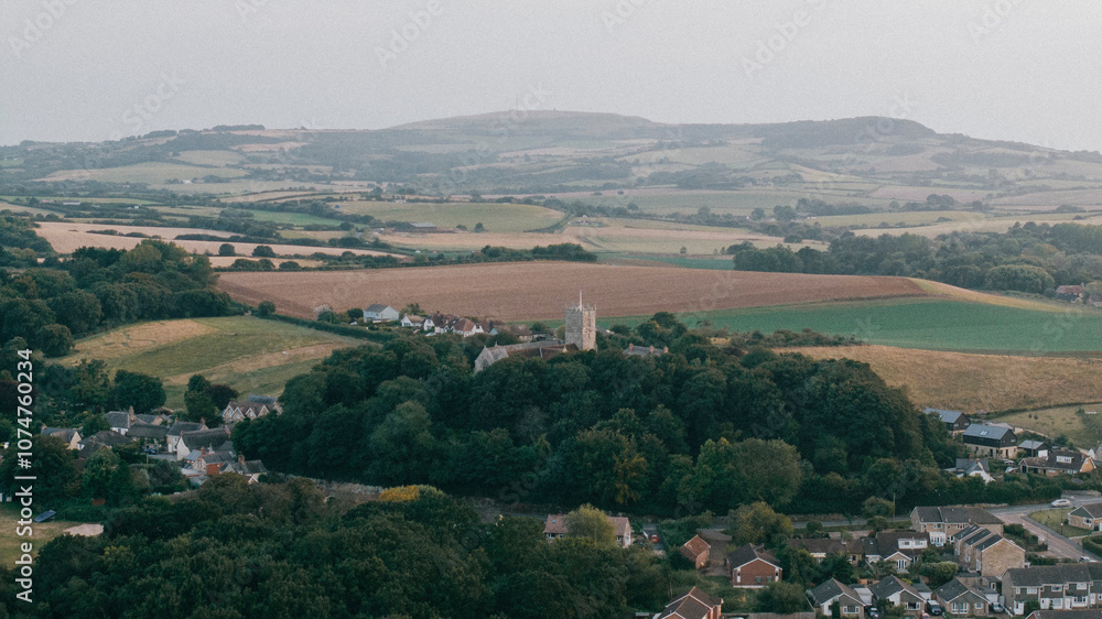 Obraz premium Aerial view of a town in a forest and a huge open field of farm