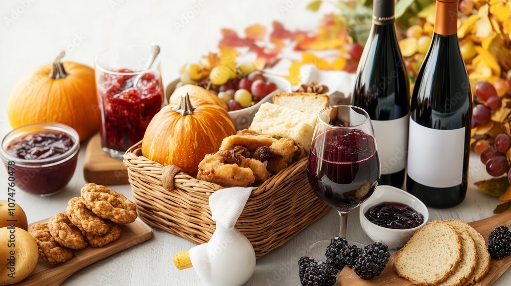 Autumn harvest celebration with a feast of seasonal foods, wine, and decorative pumpkins on a rustic table Autumn harvest celebration with a feast of seasonal foods, wine, and decorative pumpkins on a rustic table