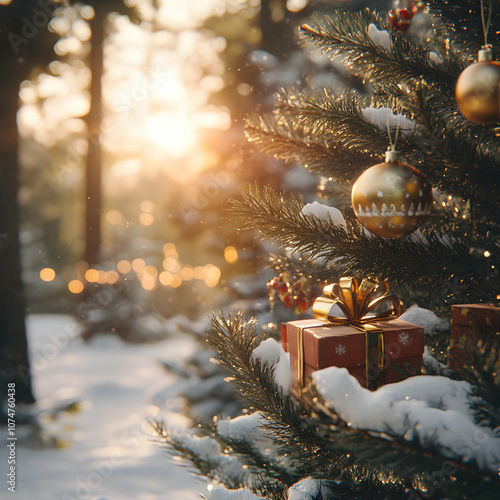 Wallpaper Mural Closeup of Christmas tree with colorful lights and gifts in a winter forest with snow covered surface and trees and sunset. Torontodigital.ca
