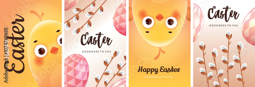 Happy Easter. Set of greeting cards, holiday covers, posters, flyers design. Modern minimal design with easter eggs, willow branches and  yellow chicken for social media, sale, advertisement, web.