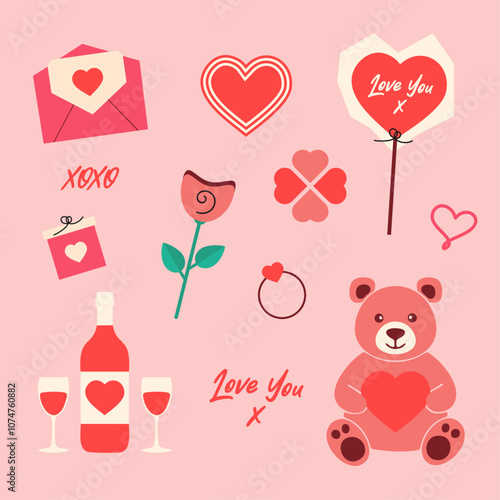 Valentines Day icons, cute greeting card, pink design