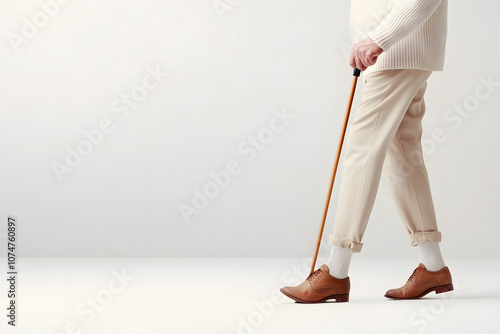 Close up of elderly man holding a walking stick, cane isolated on white background