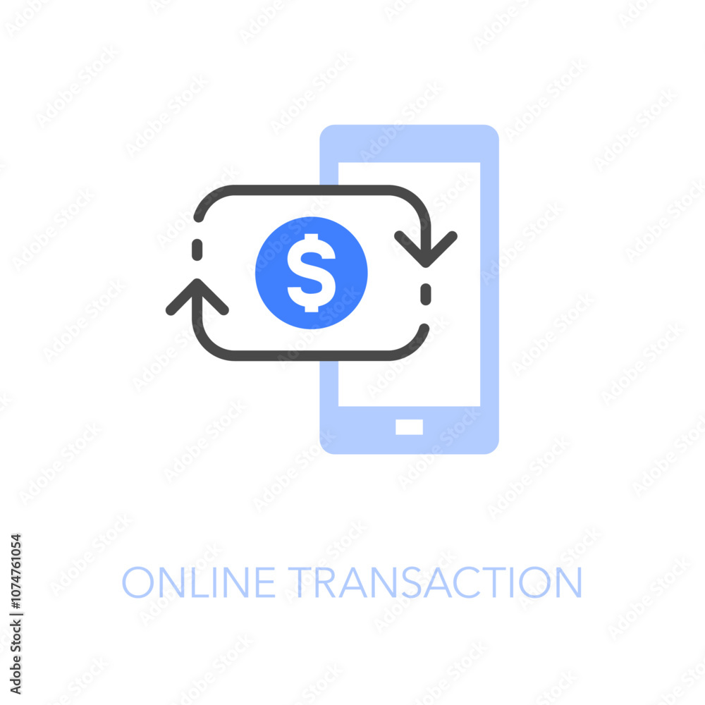 Simple visualised online transaction icon symbol with a smartphone and processing arrows with a dollar symbol. Simple visualised online transaction icon symbol with a smartphone and processing arrows with a dollar symbol.