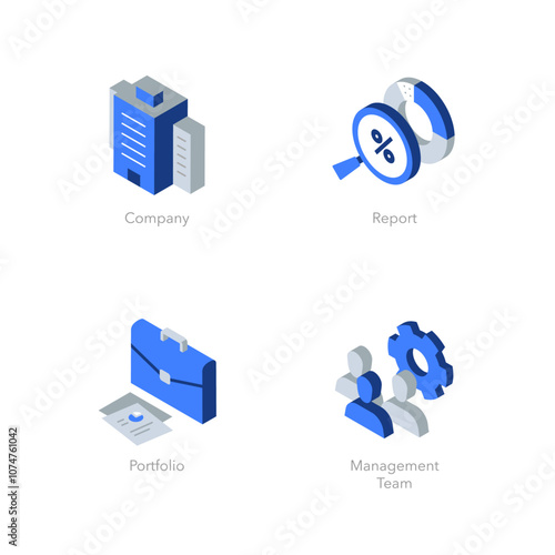 Simple set of isometric flat icons for business. Contains such symbols as Company, Report, Portfolio and Management Team.
