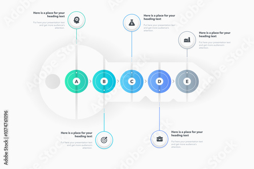 Problem solving process infographic template with five steps and a key as a main symbol. Modern flat diagram for project data visualization.