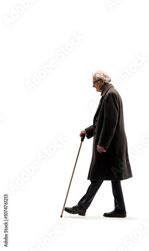 Close up of elderly man holding a walking stick, cane isolated on white background