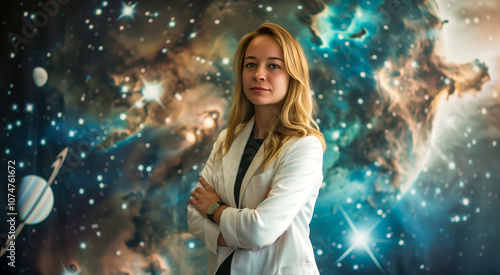 Blonde female astrophysicist wearing white coat with a galaxy in the background