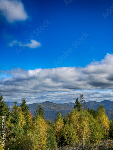 The landscape of Carpathian Mountains in the sunny weather. Perfect weather condition in the autumn season