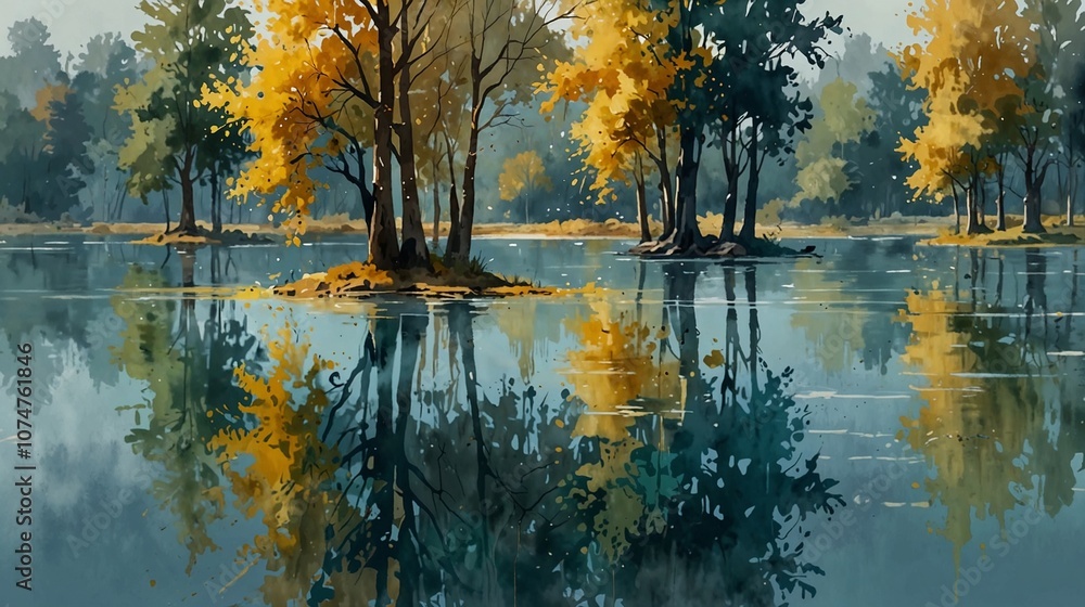 Obraz premium Beautiful watercolor painting of a lake, trees, and soft reflections in the peaceful, still water illustration