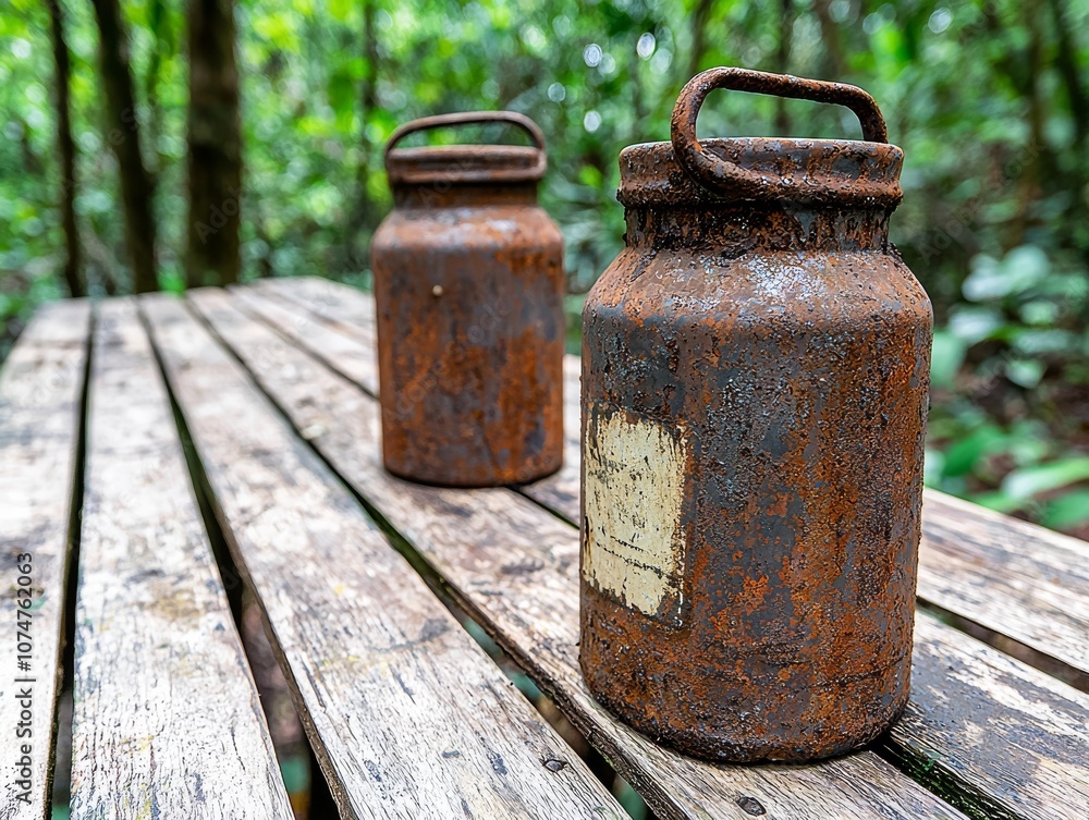There is a sense of neglect and environmental concern exhibited by corroded toxic waste containers that are placed on wooden benches in lush surroundings There is a sense of neglect and environmental concern exhibited by corroded toxic waste containers that are placed on wooden benches in lush surroundings