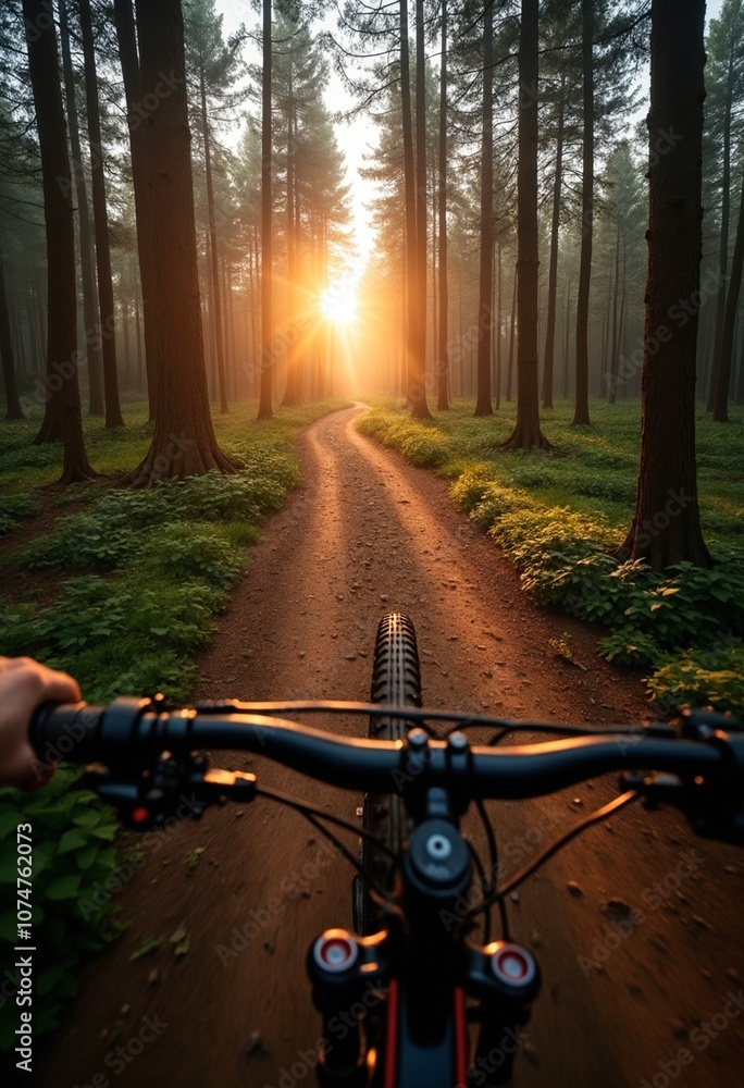 First person view of a mountain bike riding on a dirt trail in the woods. The sun is shining through the trees First person view of a mountain bike riding on a dirt trail in the woods. The sun is shining through the trees