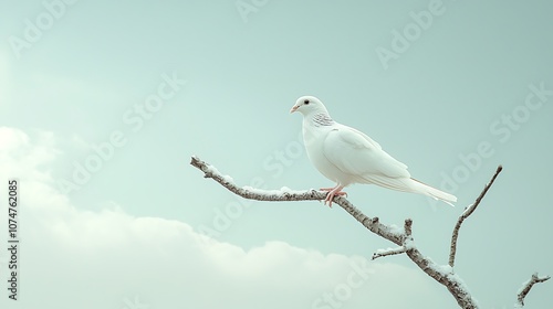 Serene White Bird Perched on a Bare Branch Against a Soft Blue Sky Creating a Peaceful and Tranquil Atmosphere in Nature