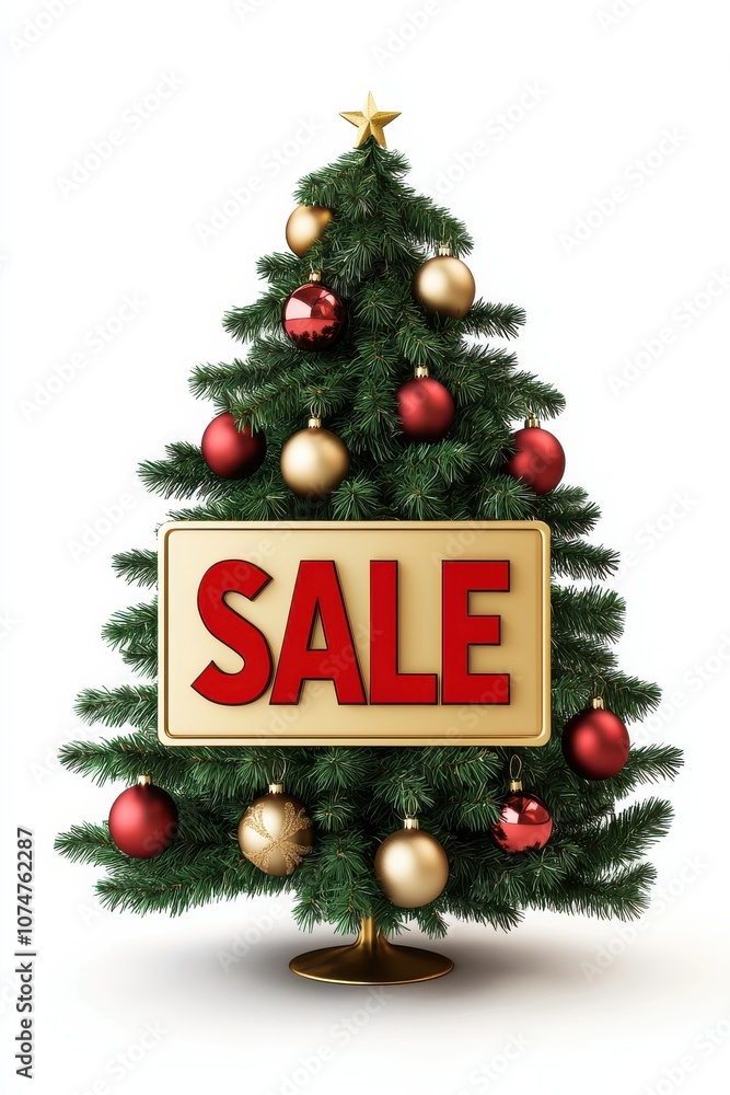 A festive Christmas tree adorned with red and gold ornaments displays a bold A festive Christmas tree adorned with red and gold ornaments displays a bold