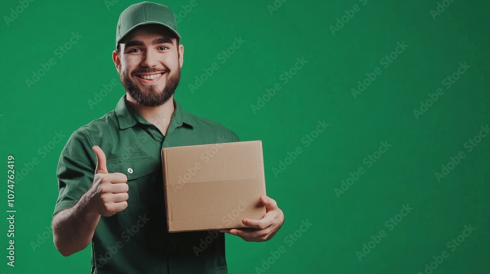 A cheerful delivery person in a uniform, holding a package and giving a thumbs-up, A cheerful delivery person in a uniform, holding a package and giving a thumbs-up,