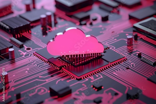 The guard shield circuit board concept for cloud computing. Electronic computer hardware processor security technology. Tech processor protection. photo