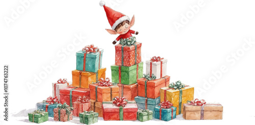 Watercolor elf stacking colorful Christmas presents