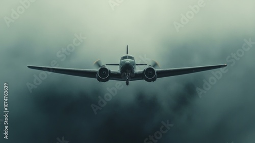 Vintage airplane flying through mystical clouds with moody atmosphere