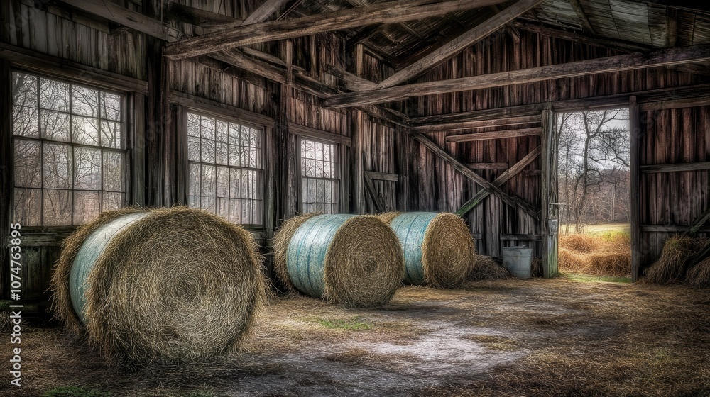 Obraz premium Rustic Barn Interior with Hay Bales and Natural Light