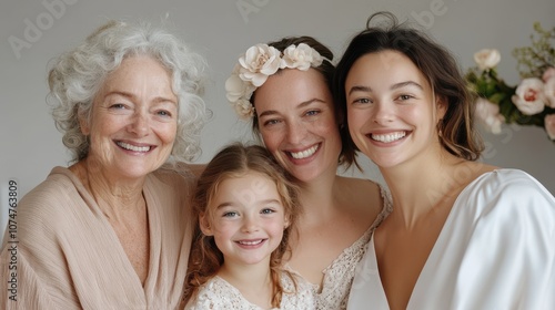 A joyful family portrait of four generations of women, radiating love and unity, dressed elegantly. photo