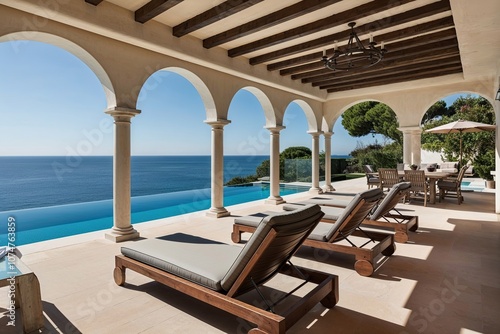 Mediterranean Style Villa with Pool Arched Design and Ocean View Deck Featuring Modern Lounge Chairs photo