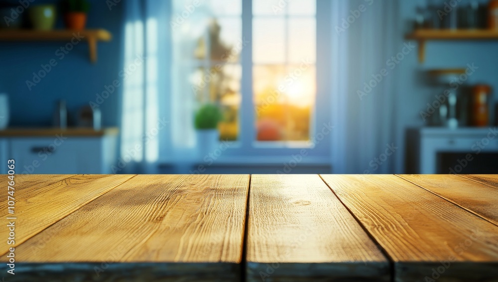 Beautiful Empty Wooden Table Top in Blurred Kitchen Interior Beautiful Empty Wooden Table Top in Blurred Kitchen Interior