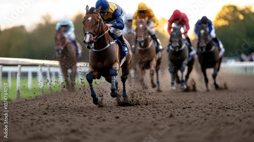 A thrilling horse race unfolds, hooves pounding the dirt, as dusk paints the sky, capturing speed, competition, and raw energy. photo