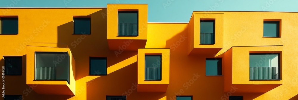 A yellow building with black windows, bold and angular forms, A yellow building with black windows, bold and angular forms,