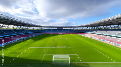 Wide-angle view of an empty football stadium